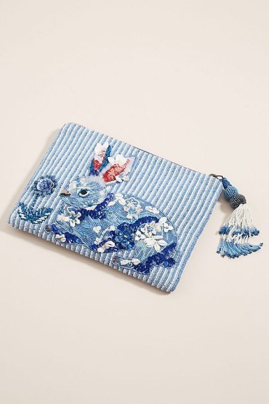 ANTHROPOLOGIE Rabbit Embellished Pouch Blue / cute bunny pouches - flipped
