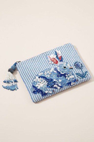 ANTHROPOLOGIE Rabbit Embellished Pouch Blue / cute bunny pouches