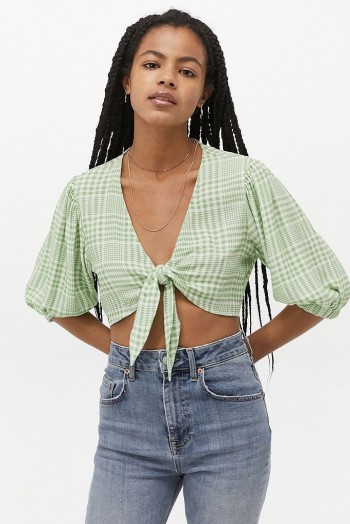 UO Tilly Gingham Tie-Front Blouse