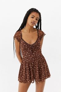 UO Milly Floral Playsuit Brown ~ flutter sleeve playsuits