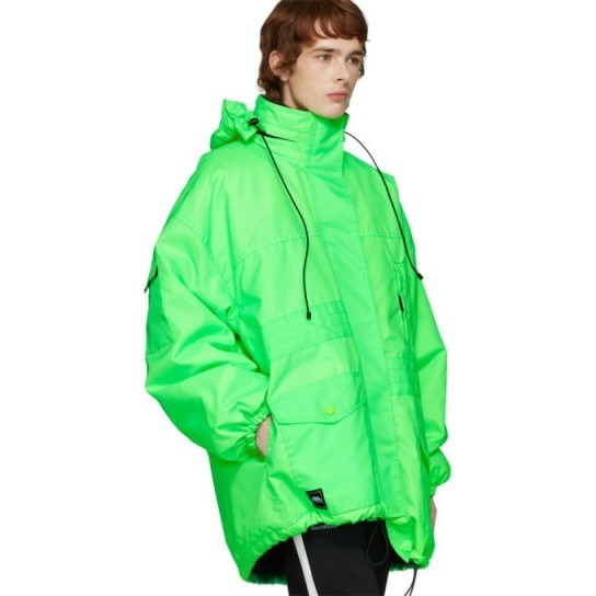 Hailey Baldwin, bright green anorak, Balenciaga pulled parka, worn on Instagram, 4 April 2020 | celebrity coats | outerwear - flipped