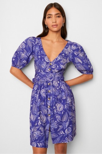FRENCH CONNECTION BESIMA POPLIN SHORT SLEEVE V NECK DRESS BLUE MULTI / button front summer dresses