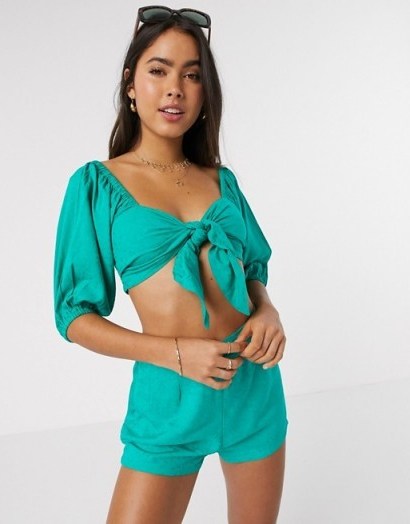 Billabong X Sincerely Jules Amaze The Day tie crop top in jacquard green ~ cropped tie front summer tops - flipped