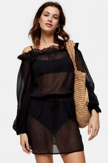 Topshop Black Bardot Smock Mini Dress | sheer balloon sleeve dresses | beachwear | poolside fashion - flipped