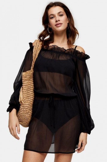 Topshop Black Bardot Smock Mini Dress | sheer balloon sleeve dresses | beachwear | poolside fashion