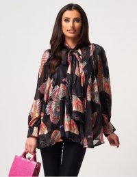 Forever Unique Black Butterfly Print Chiffon Striped Pussy Bow Blouse / insect prints
