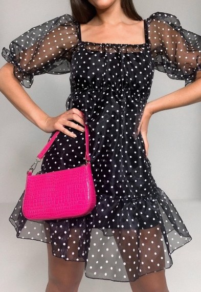 MISSGUIDED black polka dot tiered organza smock dress - flipped