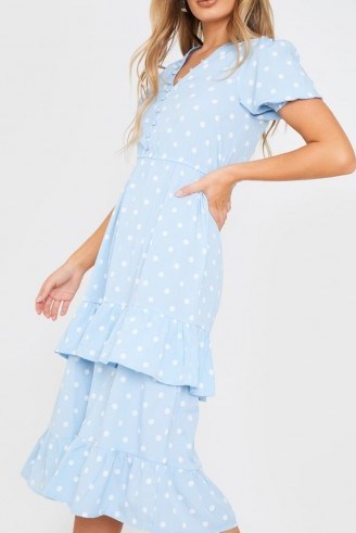 IN THE STYLE BLUE POLKA DOT BUTTON DOWN FRILL MIDI DRESS / ruffled tiers - flipped