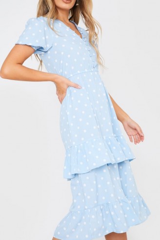 IN THE STYLE BLUE POLKA DOT BUTTON DOWN FRILL MIDI DRESS / ruffled tiers