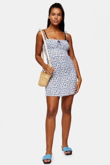 TOPSHOP Blue Ruched Ditsy Print Mini Dress / summer fashion - flipped