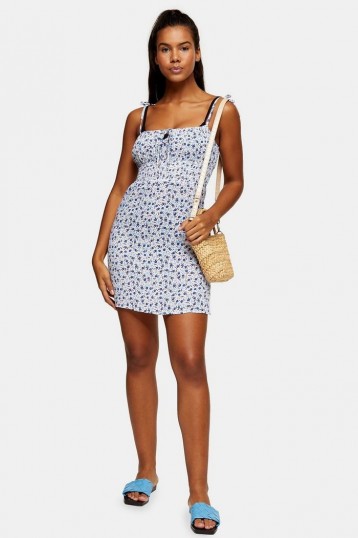 TOPSHOP Blue Ruched Ditsy Print Mini Dress / summer fashion