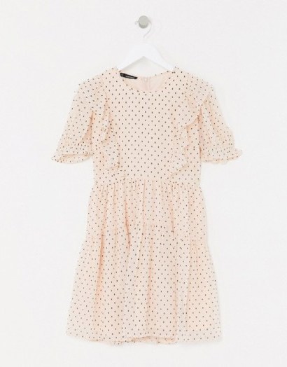 Boohoo tiered smock dress with frill in pink polka dot - flipped
