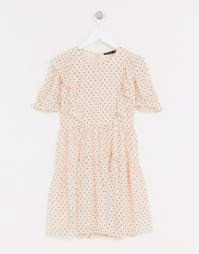 Boohoo tiered smock dress with frill in pink polka dot
