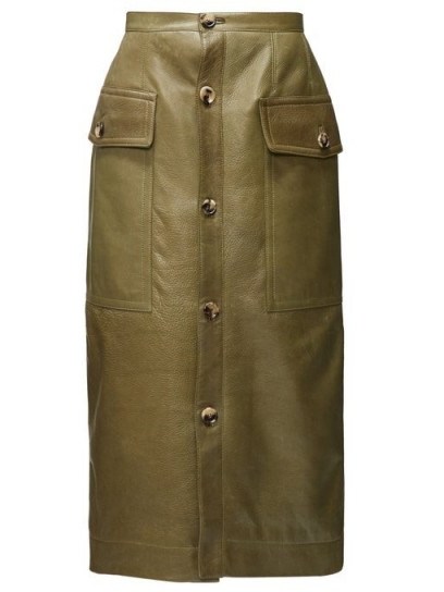 MARNI Button-down leather midi skirt in olive green - flipped