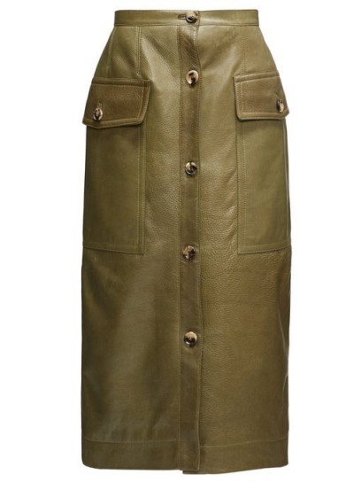 MARNI Button-down leather midi skirt in olive green