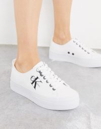 Calvin Klein Zolah logo flatform trainers in white ~ designer sneakers