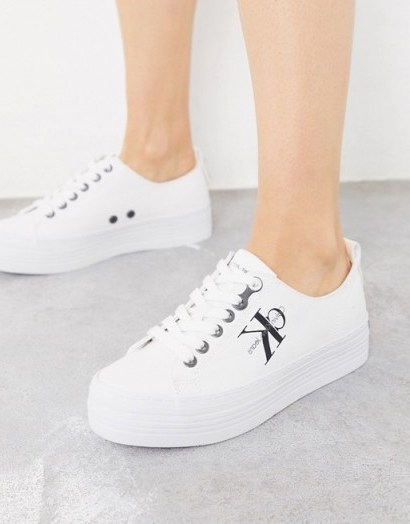 Calvin Klein Zolah logo flatform trainers in white ~ designer sneakers - flipped