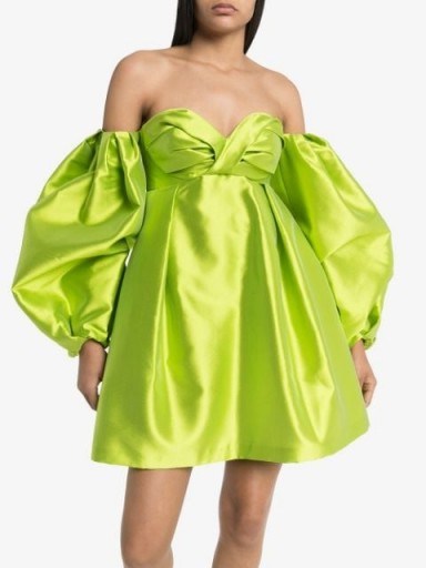 CAROLINA HERRERA green off-the-shoulder balloon-sleeve dress – 80s look party wear - flipped