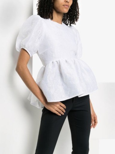 CECILIE BAHNSEN puff sleeve peplum top | feminine white tops | strappy open back - flipped