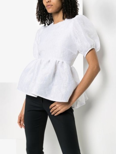 CECILIE BAHNSEN puff sleeve peplum top | feminine white tops | strappy open back