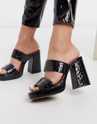 Chio platform mules in black croc effect leather
