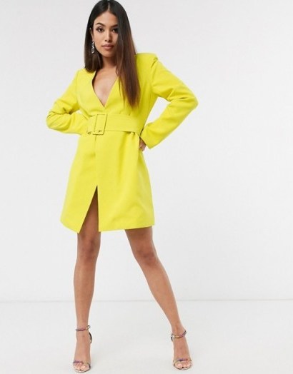 Club L London Petite plunge neck belted blazer dress in lime - flipped