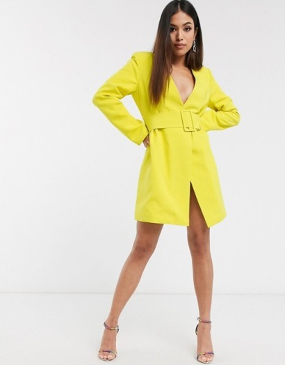Club L London Petite plunge neck belted blazer dress in lime