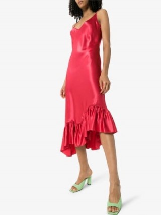 Collina Strada Michi Red-Satin Slip Dress | asymmetric cami dresses