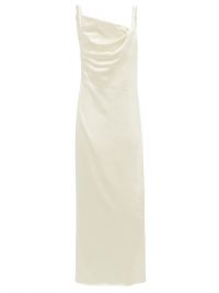 MARINA MOSCONE Cowl-neck charmeuse gown in ivory white ~ ruched slip gowns