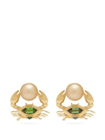 DANIELA VILLEGAS Crab mismatched 18kt gold earrings ~ pearls, emeralds & tourmalines - flipped