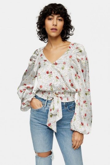 TOPSHOP Cream Satin Floral Dot Tie Front Blouse - flipped