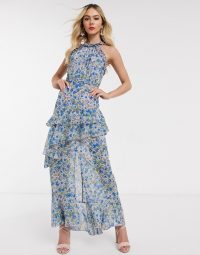 Dark Pink high neck maxi dress in blue floral | tiered occasion dresses