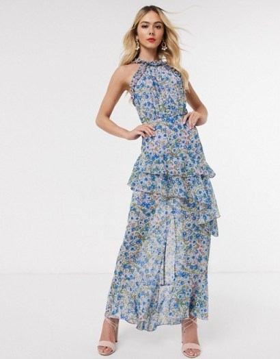 Dark Pink high neck maxi dress in blue floral | tiered occasion dresses - flipped