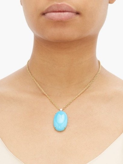 IRENE NEUWIRTH Diamond, turquoise & 18kt gold oval pendant necklace – luxury blue stone pendants - flipped
