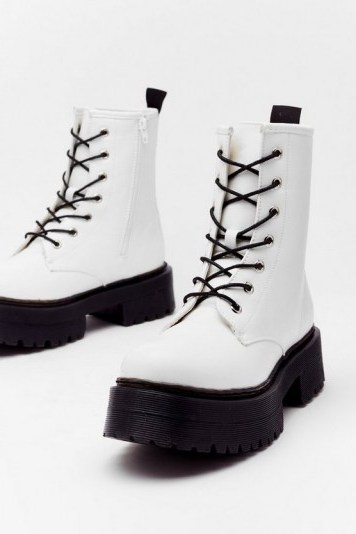 NASTY GAL Don’t Give Lace-Up Faux Leather Hiker Boots White – chunky soles - flipped