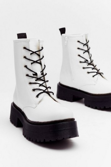 NASTY GAL Don’t Give Lace-Up Faux Leather Hiker Boots White – chunky soles
