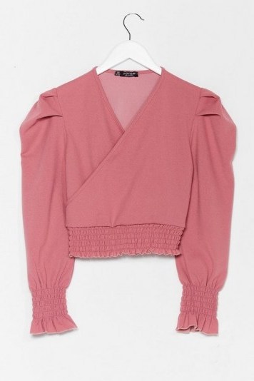 Nasty Gal Don’t Ruche It Wrap Crop Top Pink | puff shoulder tops - flipped
