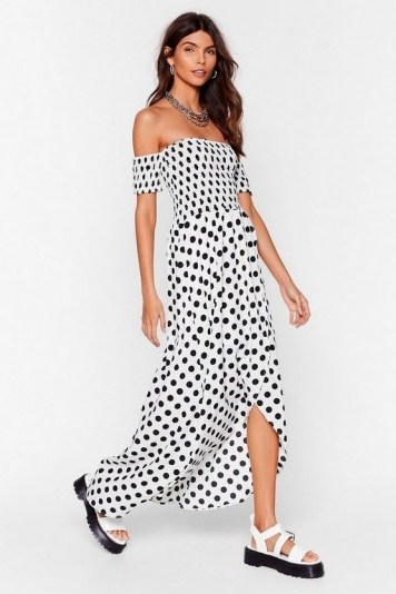 Dot Sure Off-the-Shoulder Maxi Dress / long bardot dresses - flipped