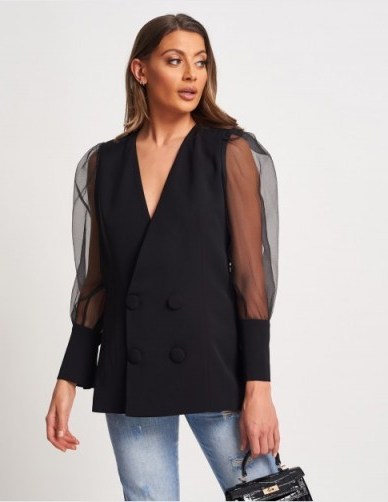 FOREVER UNIQUE Double-Breasted Tuxedo Blazer With Organza Sleeves ~ chic sheer sleeved jacket - flipped
