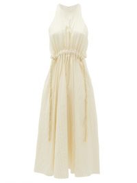 SSŌNE Drawstring-waist striped-satin dress ~ cream gathered waist sundress