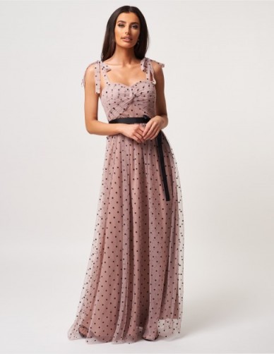 Forever Unique Dusty Pink And Black Polka Dot Mesh Maxi Dress