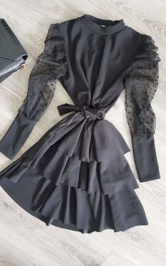 Ikrush Elle Puffed Sleeve Dress in Black ~ tiered lbd - flipped