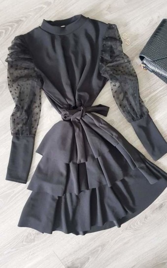Ikrush Elle Puffed Sleeve Dress in Black ~ tiered lbd