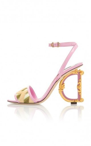 Dolce & Gabbana Embellished ‘D’ Heel Leather And Raffia Sandals in Pink ~ beautiful Italian footwear - flipped