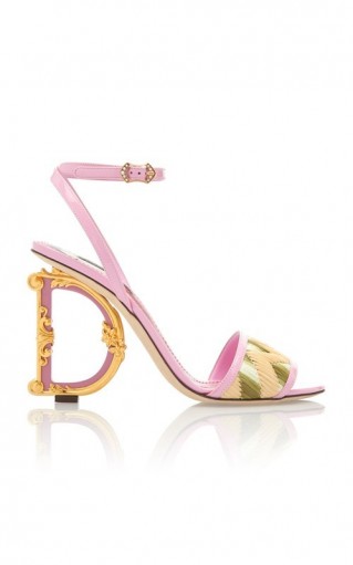Dolce & Gabbana Embellished ‘D’ Heel Leather And Raffia Sandals in Pink ~ beautiful Italian footwear