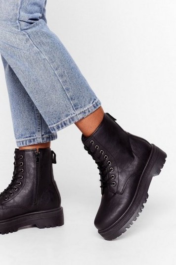NASTY GAL Eyelet It Go Lace-Up Cleated Boots Black - flipped