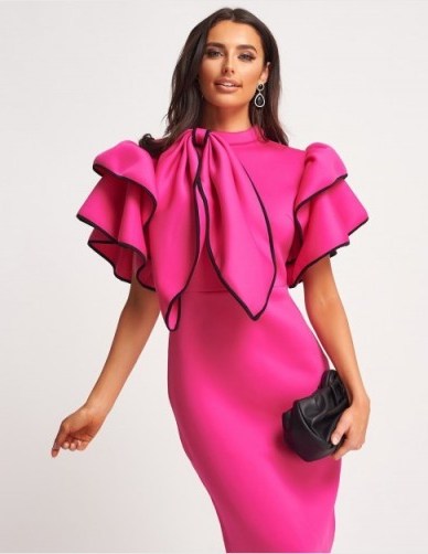 FOREVER UNIQUE Fuchsia High Neck Scuba Ruffle Bodycon Dress With Detachable Bow ~ big bows ~ statement tiered sleeves - flipped