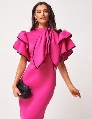 FOREVER UNIQUE Fuchsia High Neck Scuba Ruffle Bodycon Dress With Detachable Bow ~ big bows ~ statement tiered sleeves
