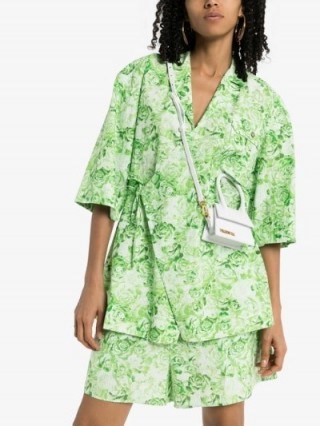 GANNI Green floral Print Cotton Poplin Kimono Shirt - flipped