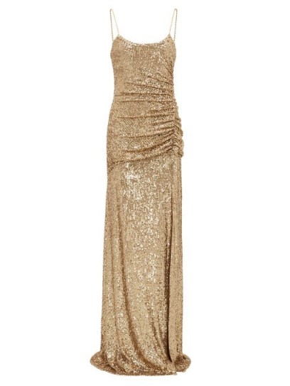 DUNDAS Gathered sequin-embellished gown in gold ~ ruched event gowns